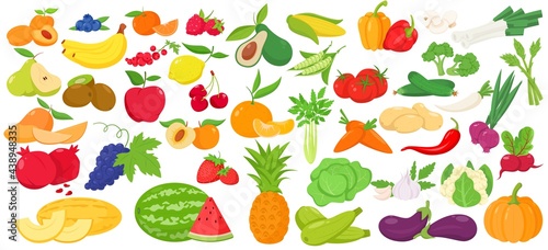 Fruit and vegetables icon set. Color vector illustration of apple, banana, avocado, pomegranate, raspberry, mandarin, pineapple, cucumber. garlic, mango, strawberry, parsley, tomato, potato and ets