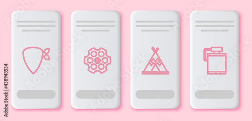 Set line Cowboy bandana, Revolver cylinder, Indian teepee or wigwam and Canteen water bottle. White rectangle button. Vector