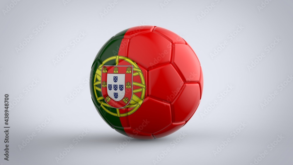 Obraz premium UEFA Euro championship 2020 football tournament realistic soccer game ball with national flag of Portugal isolated on solid white background 3d rendering image