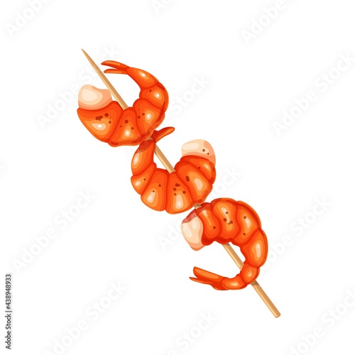 Grilled shrimp on a skewer, roasted prawn colored vector illustration