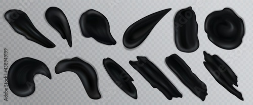 Black activated charcoal cream or stroke fluid cosmetic volcanic clay realistic vector smears on transparent background.