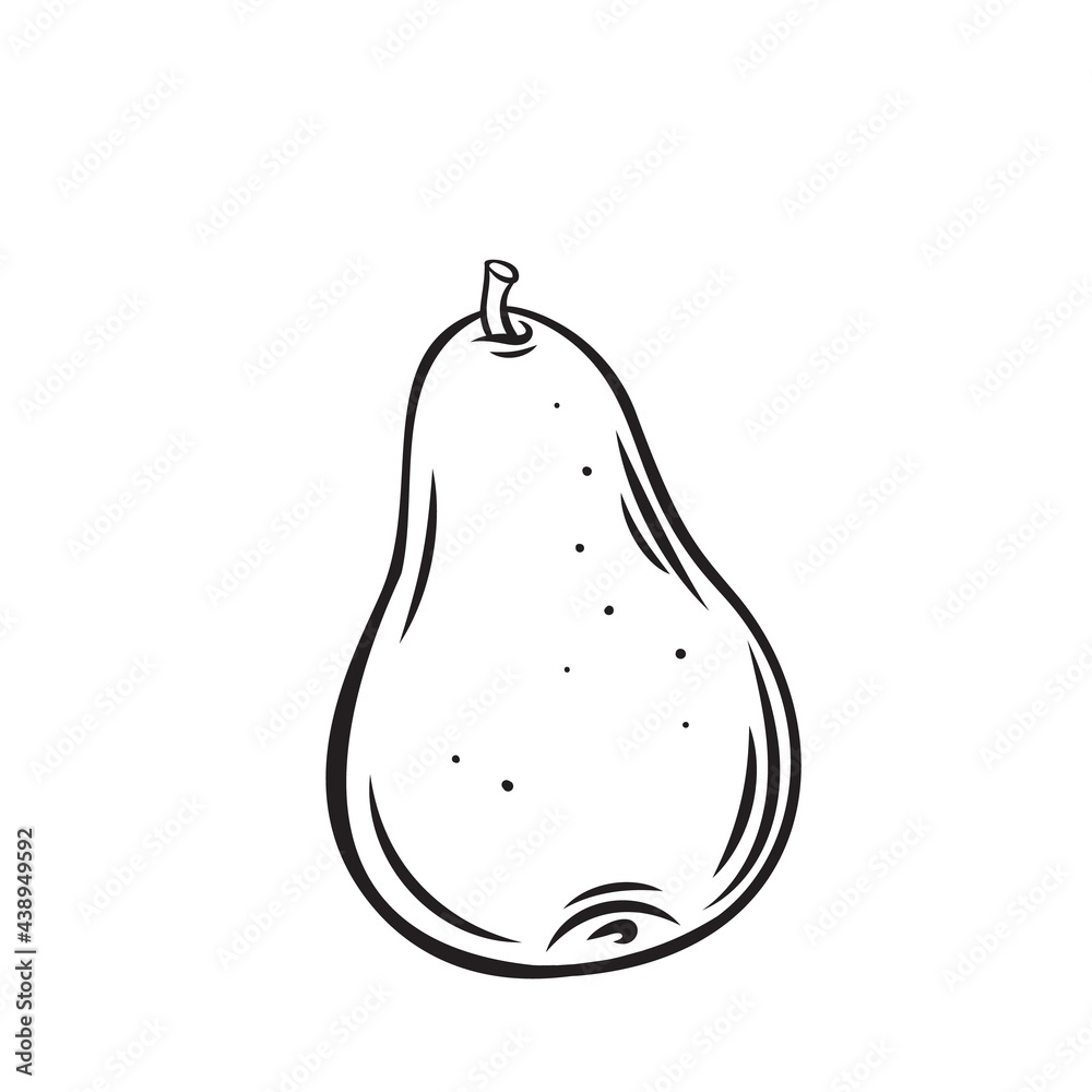 Pear fruit outline vector icon, drawing monochrome illustration. Healthy nutrition, organic food, vegetarian product.