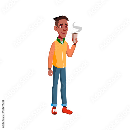 young boy enjoying chocolate drink in cafe cartoon vector. young boy enjoying chocolate drink in cafe character. isolated flat cartoon illustration