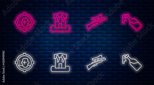 Set line Arson home, Sniper rifle with scope, Headshot and Cocktail molotov. Glowing neon icon on brick wall. Vector