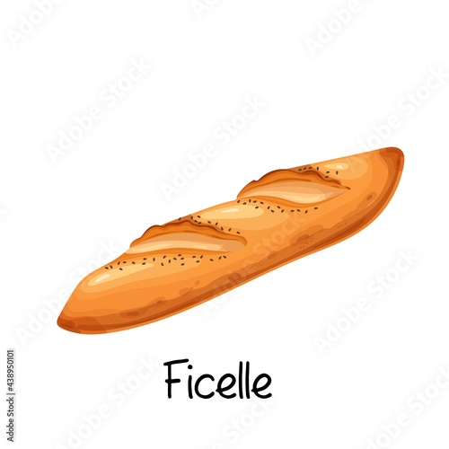Ficelle baguette, bread icon. French bakery product colored vector illustration.