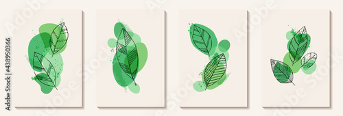Botanical wall art vector set. Tropical Foliage line art drawing with abstract shape. Abstract Plant Art design for print, cover, wallpaper, Minimal and natural wall art decoration, poster, brochure