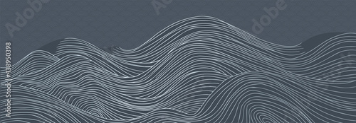 abstract japanese style landscapes lined waves in blue and silver colours