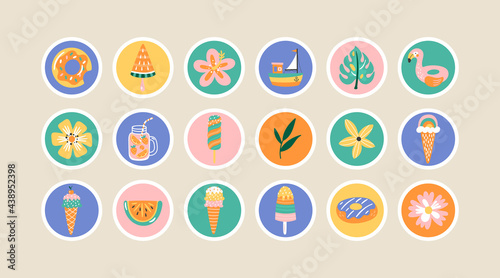 Summer holidays cute round stickers set. Childish print for card and social media design