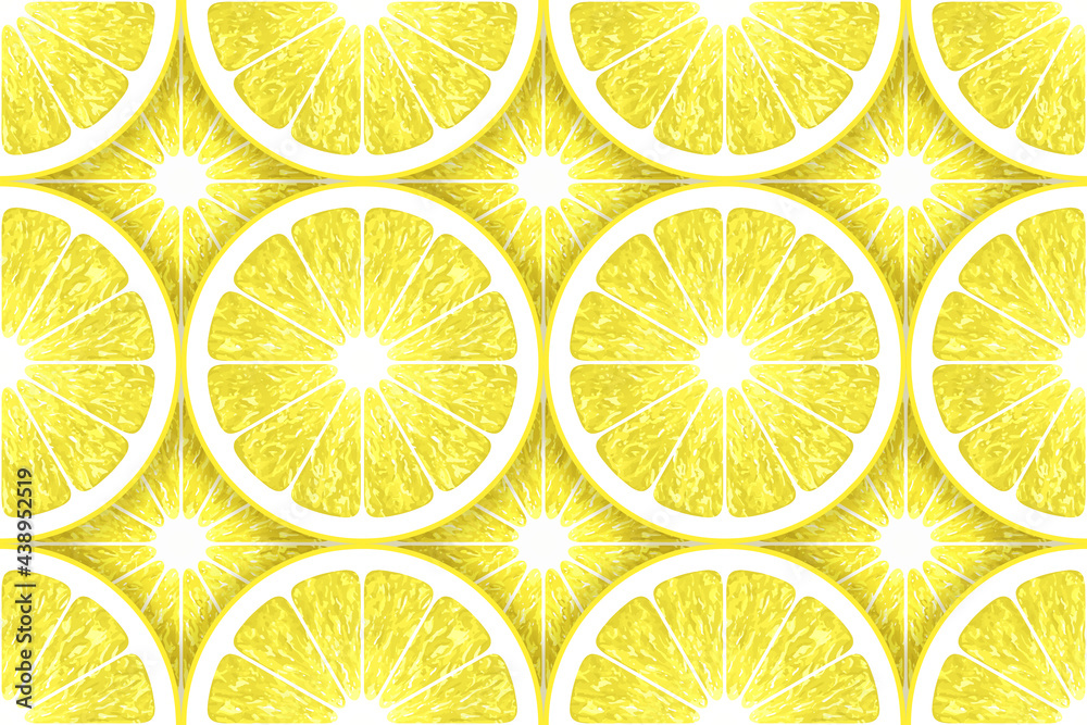 Lemon seamless pattern. Fruit ornament. Healthy food. Healthy meal. Lemon slices. Juice. Vitamin. Citrus slices. Freshness. Citrus background. Summer. Tropical template for design. Yellow backdrop.	
