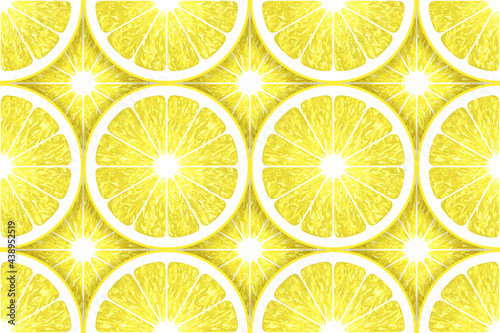 Lemon seamless pattern. Fruit ornament. Healthy food. Healthy meal. Lemon slices. Juice. Vitamin. Citrus slices. Freshness. Citrus background. Summer. Tropical template for design. Yellow backdrop. 