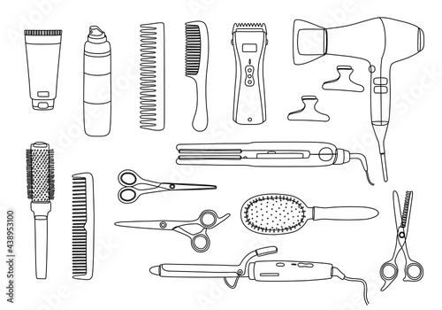 A set of tools for hairdressers, doodle, sketch, line. Hair salon accessories, scissors, hair dryer, combs, clips, curling irons,hair clipper.vector for business card and logo design