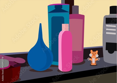 Still life in the bathroom, illustration. Enema device in aesthetics. A bottle of shampoo and other care products and a cute little toy. Lots of bright colors. Bathroom advertising shelf. Enema pear.