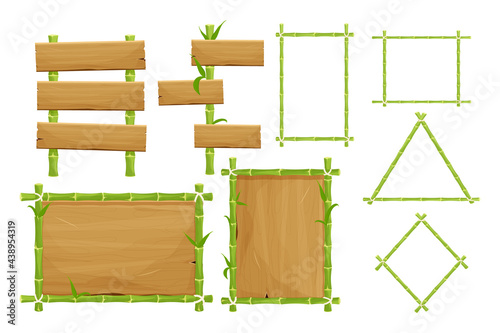 Set of green bamboo frames, signboards from wooden planks in cartoon style isolated on white background. Collection asian decorations with leaves and rope. Vector illustration