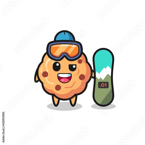 Illustration of chocolate chip cookie character with snowboarding style