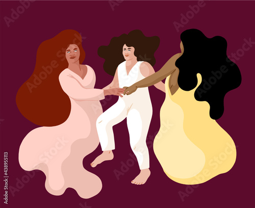 Three women dancing in a circle in a ritualic dance. 