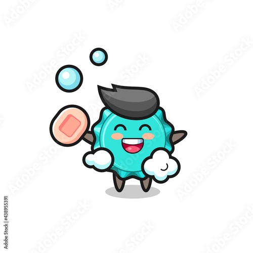 bottle cap character is bathing while holding soap