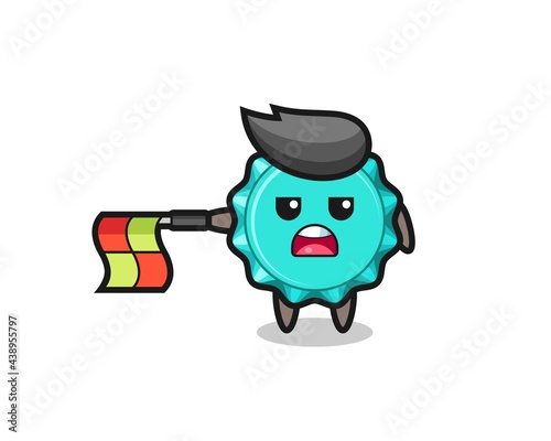 bottle cap character as line judge hold the flag straight horizontally