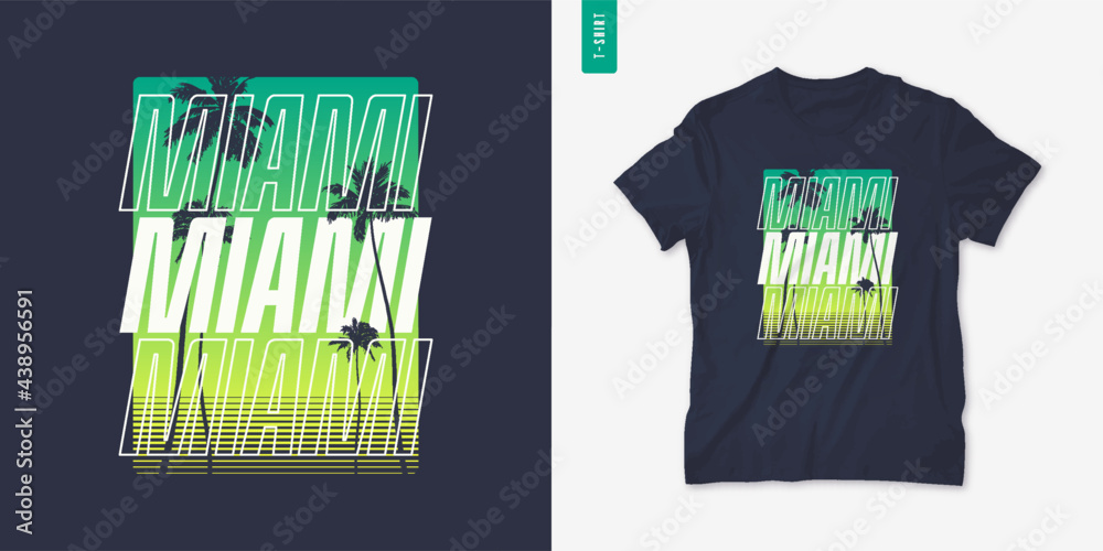 Obraz premium Miami Florida graphic t-shirt design with palm tress, summer retro print, vector illustration