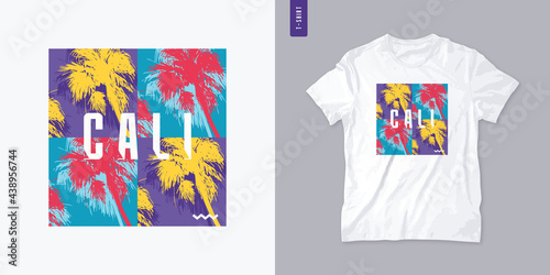California graphic t-shirt design with palm tress, summer retro print, colorful vector illustration