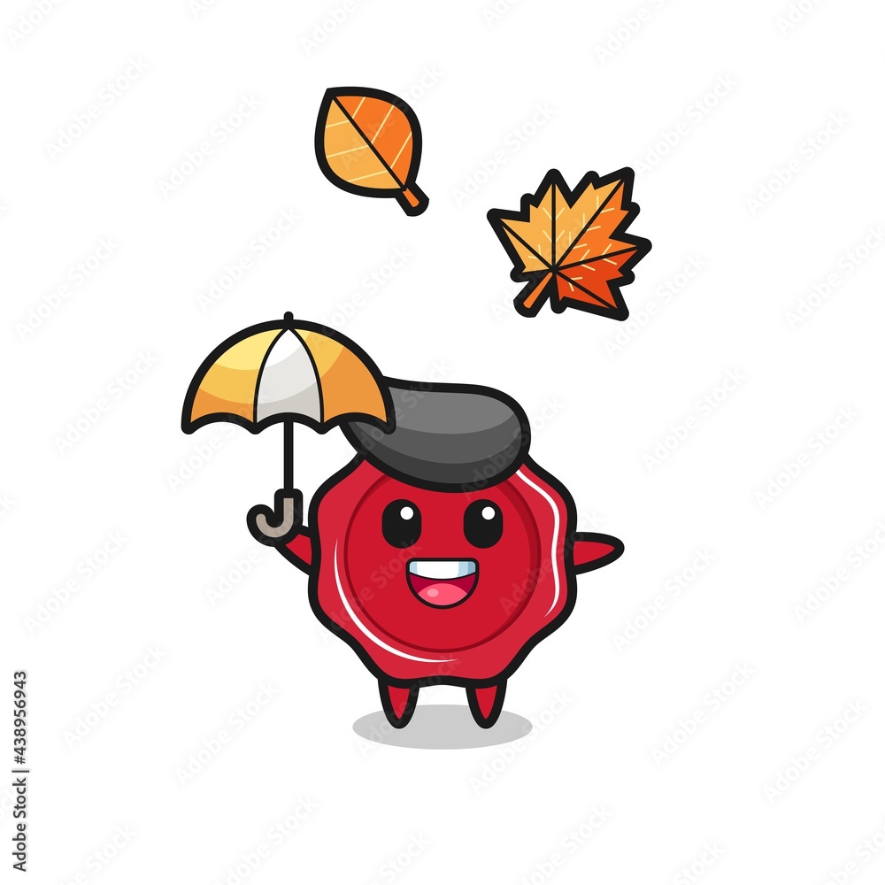 Obraz premium cartoon of the cute sealing wax holding an umbrella in autumn