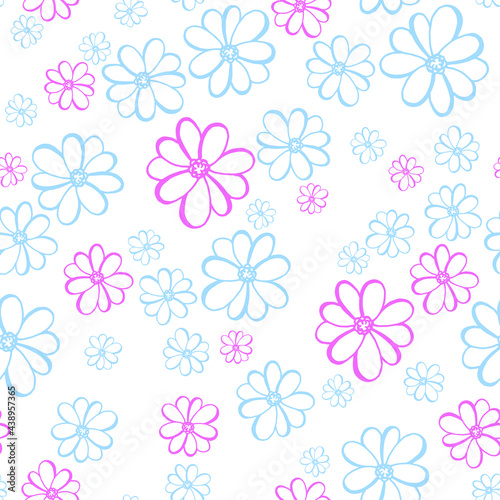 Abstract daisy flower vector seamless pattern. Summer background. Textile print with pink blue daisy flowers isolated on white. Summer meadow blossom seamless pattern. Flat abstract design