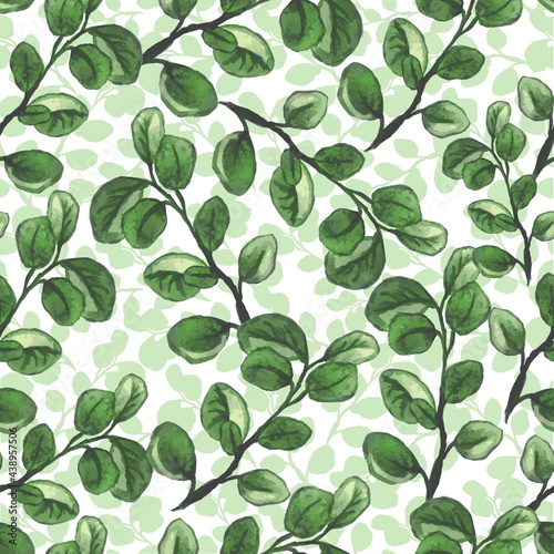 seamless pattern with green leaves, eucalyptus leaf watercolor hand drawn © Oksana