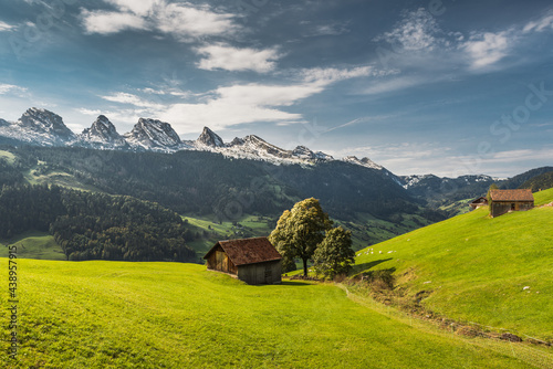 Blick auf die Churfirsten, alpine Landschaft mit Weideland und Almhütten, Kanton St. Gallen, Schweiz photo