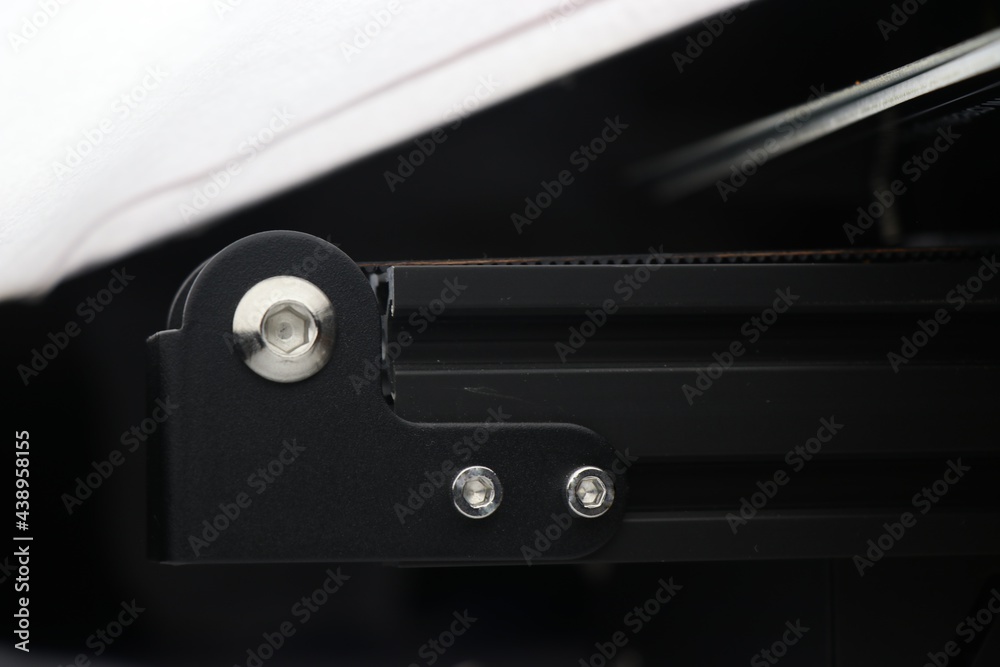 Support frame for heating and printer bed of 3D printer machine detailed close up shot Support frame for heating and printer bed of 3D printer machine detailed close up shot