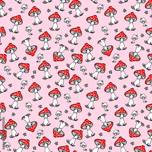 seamless pattern with mushroom and little butterfly on pink background  for kids and home