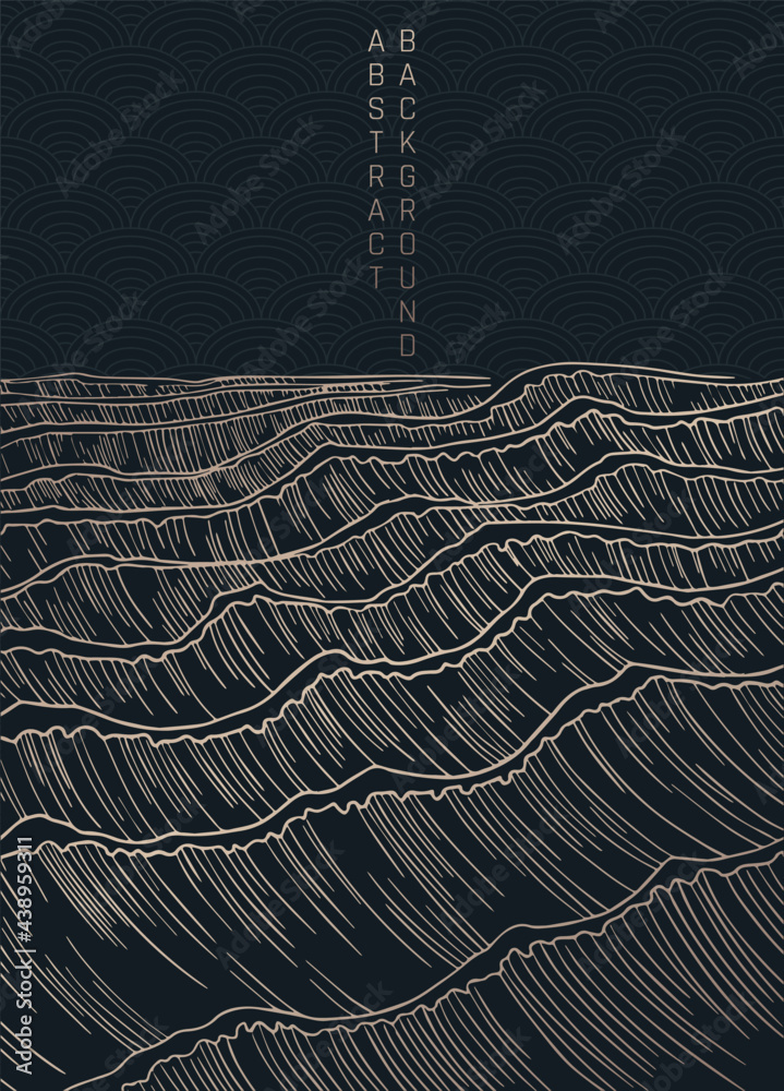 vector black and gold abstract illustration with waves in japanese style