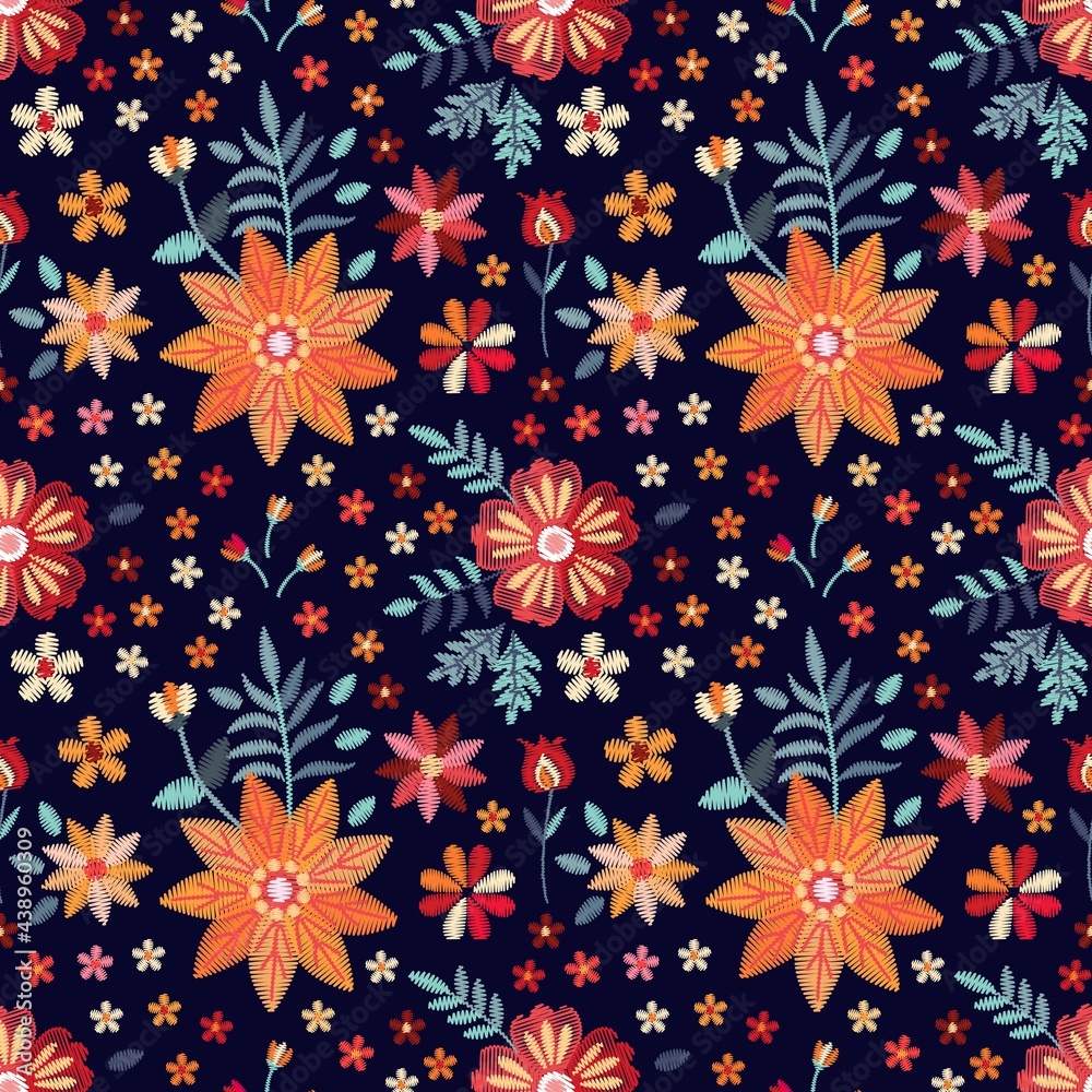 Embroidery floral seamless pattern with russian folk motifs. Embroidered ornament with flowers. Print for fabric, textile, wrapping paper