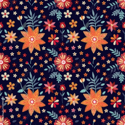 Embroidery floral seamless pattern with russian folk motifs. Embroidered ornament with flowers. Print for fabric  textile  wrapping paper