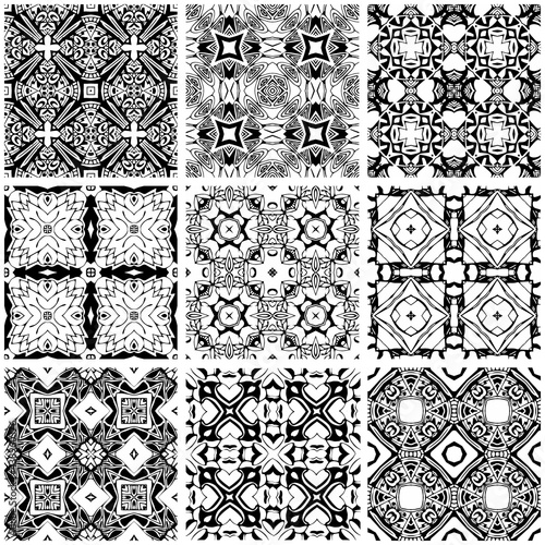 Collection of seamless patterns with black and white ornaments. Patchwork design. Vector illustration.