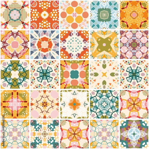Set of colorful square ceramic tiles with abstract ornaments. Seamless patchwork pattern. Vector design.
