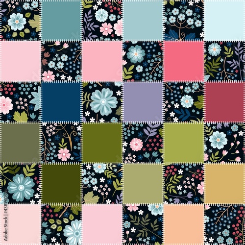 Seamless patchwork pattern with flowers. Textile print. Quilt design.