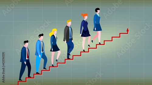 Cartoon group of business people going up the chart graph stairs animation. Business metaphor of progress, success, career advancement, climbing up career ladder or stairs. Seamless loop. photo