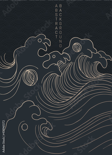 vector black and gold abstract illustration with waves storm in japanese style