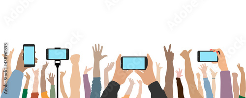 Raised up human hands and hands of people with phones. Cheerful crowd of people at concert or party, fans. Vector illustration