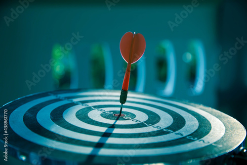 Bulls eye or bullseye target or dart board has red dart arrow throw hitting the center of a shooting for business targeting and winning goals business concepts.