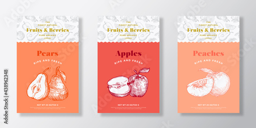Local Fruits Pattern Label Templates Set. Vector Packaging Design Layout Collection. Modern Typography Banner with Hand Drawn Paers, Apples and Peach Sketches Background. Isolated