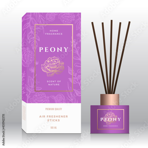 Peony Home Fragrance Sticks Abstract Vector Label Box Template. Hand Drawn Sketch Flowers, Leaves Background. Retro Typography. Room Perfume Packaging Design Layout. Realistic Mockup. Isolated