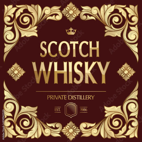 Scotch Whisky - golden ornate vintage floral decorative label
