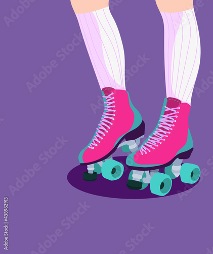 Roller Skates Neon Vector. Retro quad roller skates neon, modern trend design. Sport background. Vector illustration. Girl in rollers and socks.
