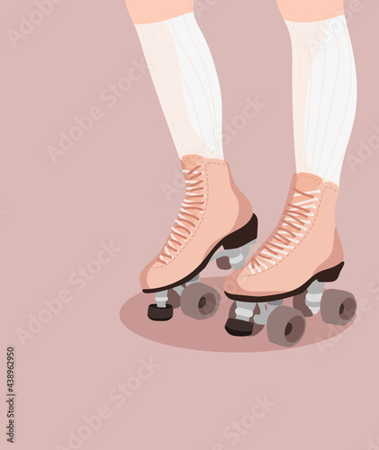 Roller Skates in pastel colors Vector. Retro quad roller skates neon, modern trend design. Sport background. Girl in rollers and socks.