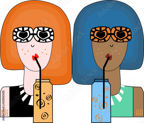 Two women sipping summer drinks, trendy girls wearing sunglasses, bright hair, vector illustration