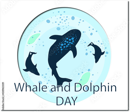 Whale and dolphin day. Paper card vector illustration.