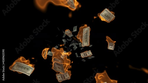 
American dollars fall like a big waterfall and light up and burn 