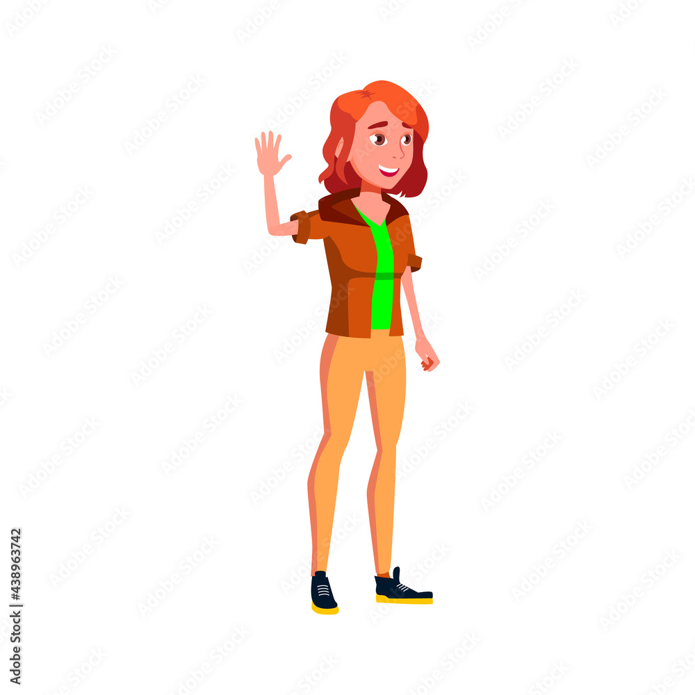 redhead girl waving hand to friend in park cartoon vector. redhead girl waving hand to friend in park character. isolated flat cartoon illustration redhead girl waving hand to friend in park cartoon vector. redhead girl waving hand to friend in park character. isolated flat cartoon illustration