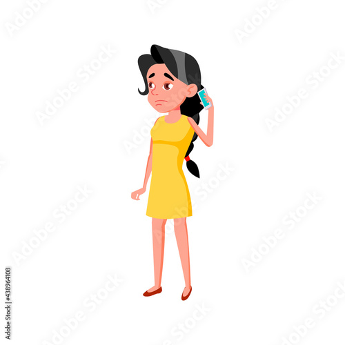 sad girl talking with boss on phone cartoon vector. sad girl talking with boss on phone character. isolated flat cartoon illustration