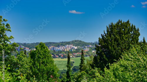 Blick vom Pforzheimer Hauptfriedhof aus, durch Bäume hindurch,  auf das Wohngebiet Haidach photo